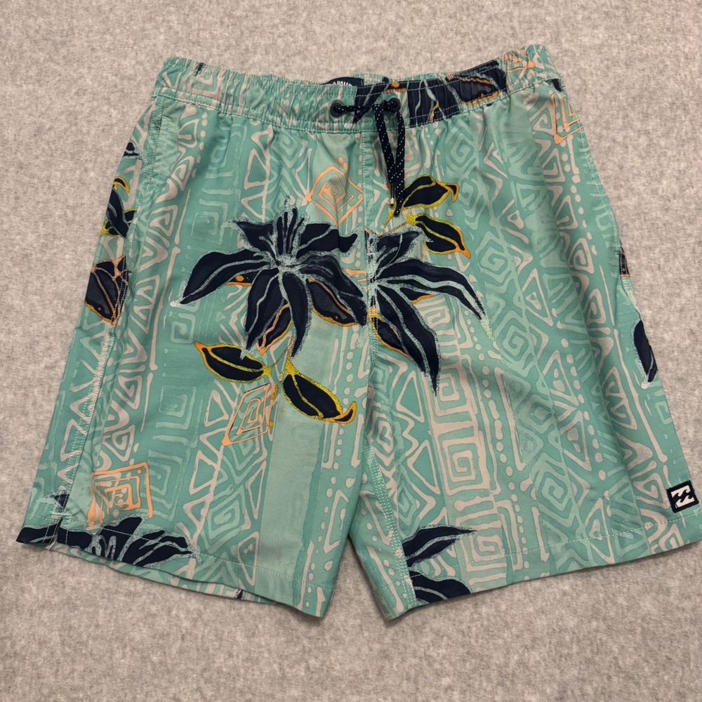 Billabong Boys Teal Tropical Floral Recycler Sundays Layback Board Shorts Size L